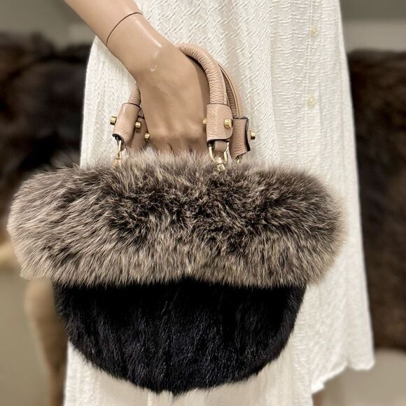Colorblock Handmade Real Mink Fur & Fox Fur Removable leather Handles Bag - Picture 2 of 14